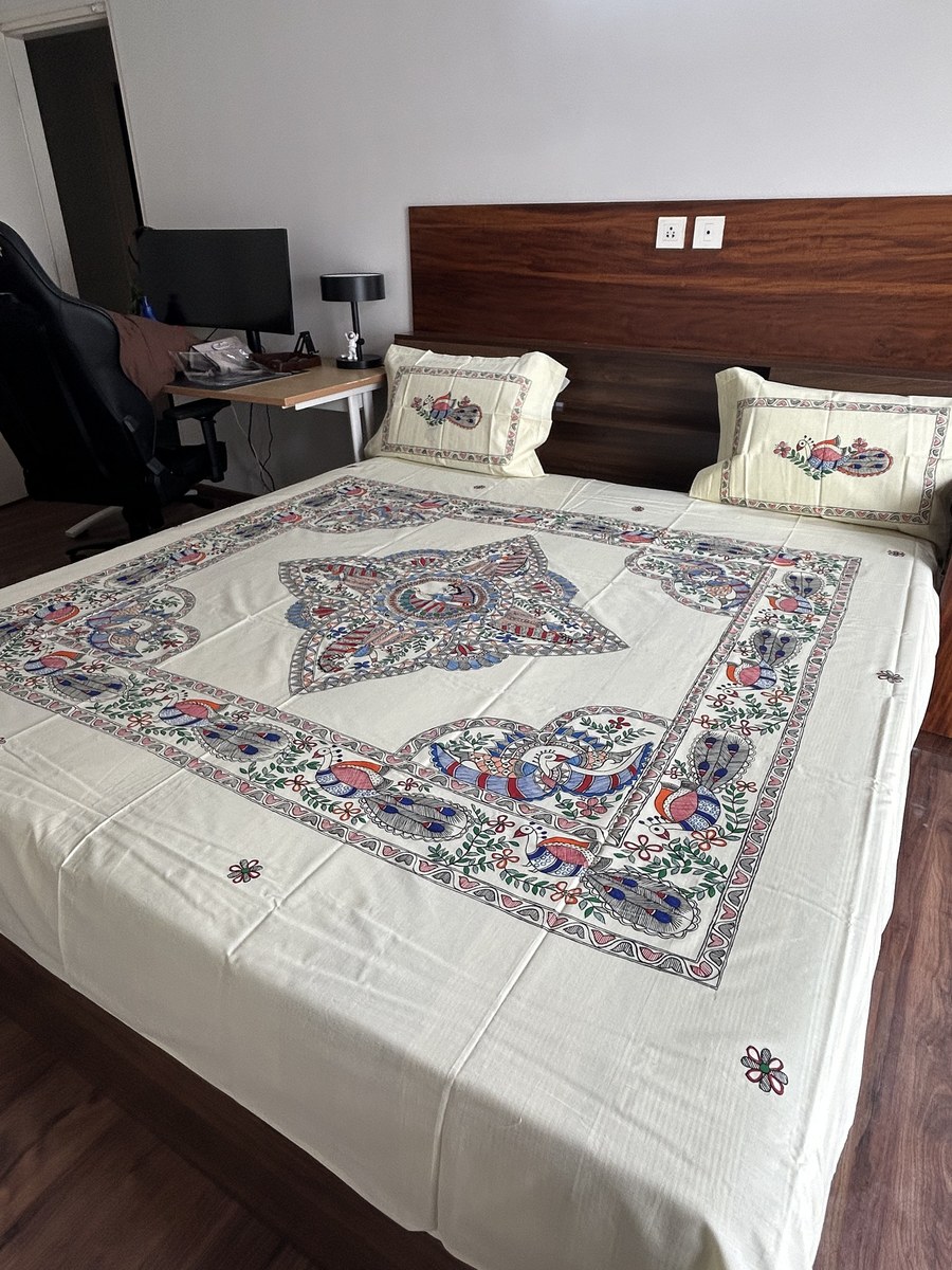 Peacock White Bedsheet, alternate view