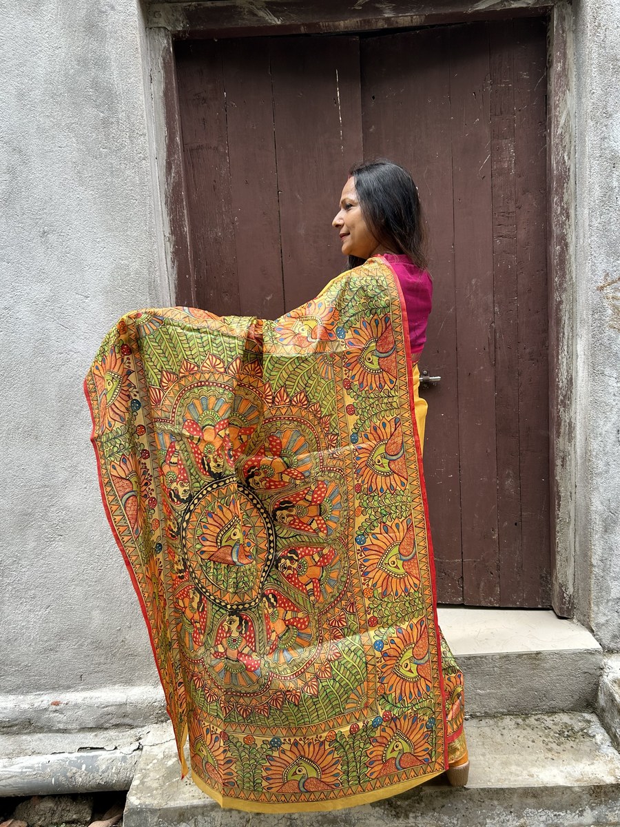 Yellow Dancing Peacock Saree, alternate view